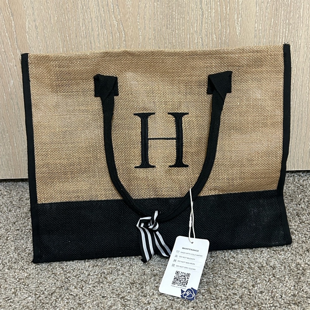 NWT Monogram H Natural & Black Jute Tote Bag Travel Beach Makeup Accessory Gift